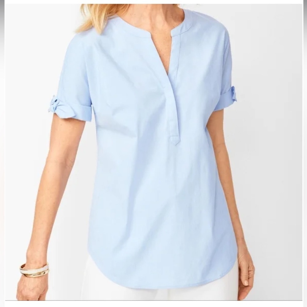 Talbots Light Blue Roll-Sleeve Popover Blouse